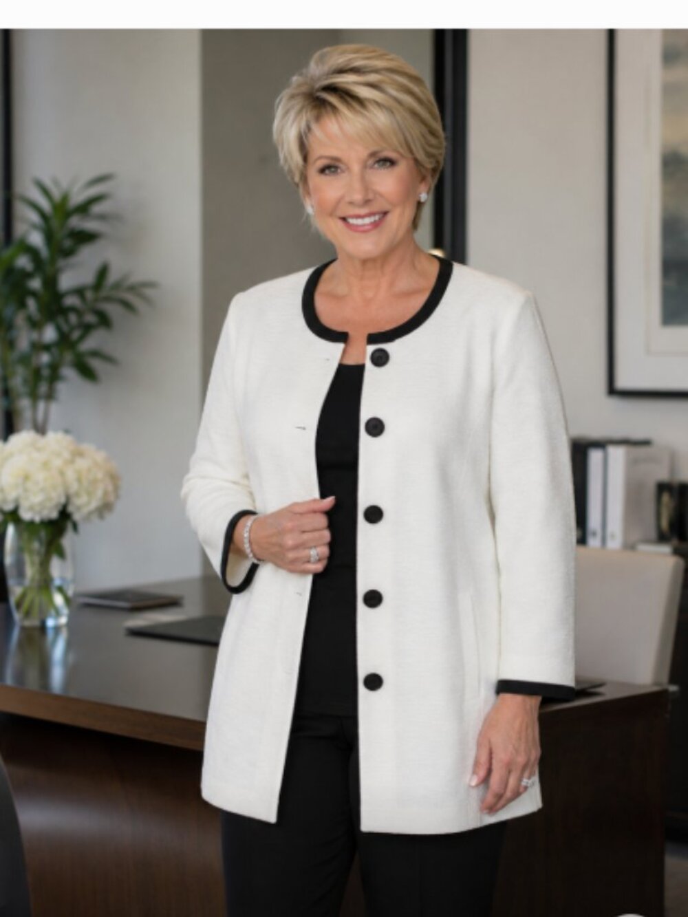 Nipon Boutique 20W Ivory Black Trim Long Jacket Career Church Office Lawyer